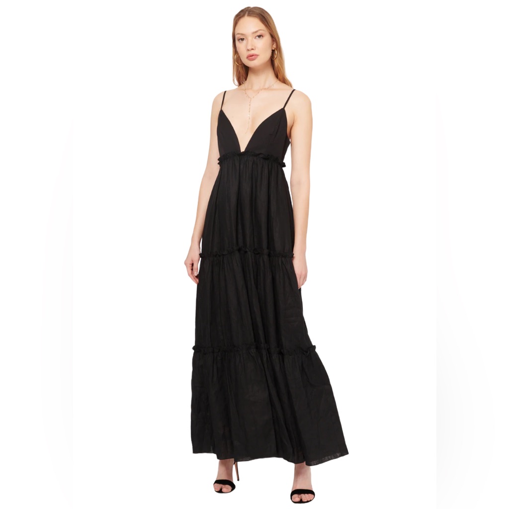 Cami Nyc Genevieve Tiered Cotton Linen Maxi Dress Black Size Medium
